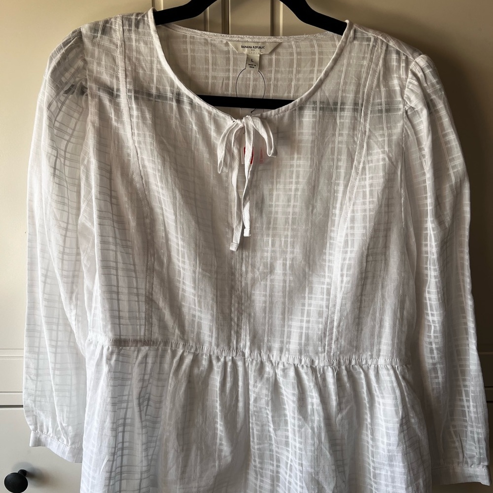 Banana Republic White Textured Tie-Neck Peasant Tunic